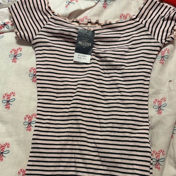 Hollister Tops - Hollister Pink and Black Striped Off-Shoulder Ribbed Tee